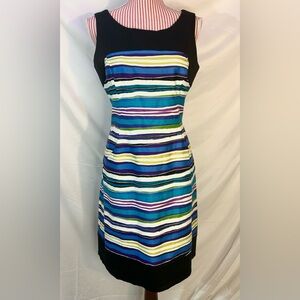 Anne Klein Blue Black Striped Sleeveless Sheath Midi Dress 98% Cotton Size 10